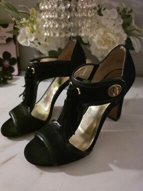 Coach Black Open-Toe Tassel Block Heels